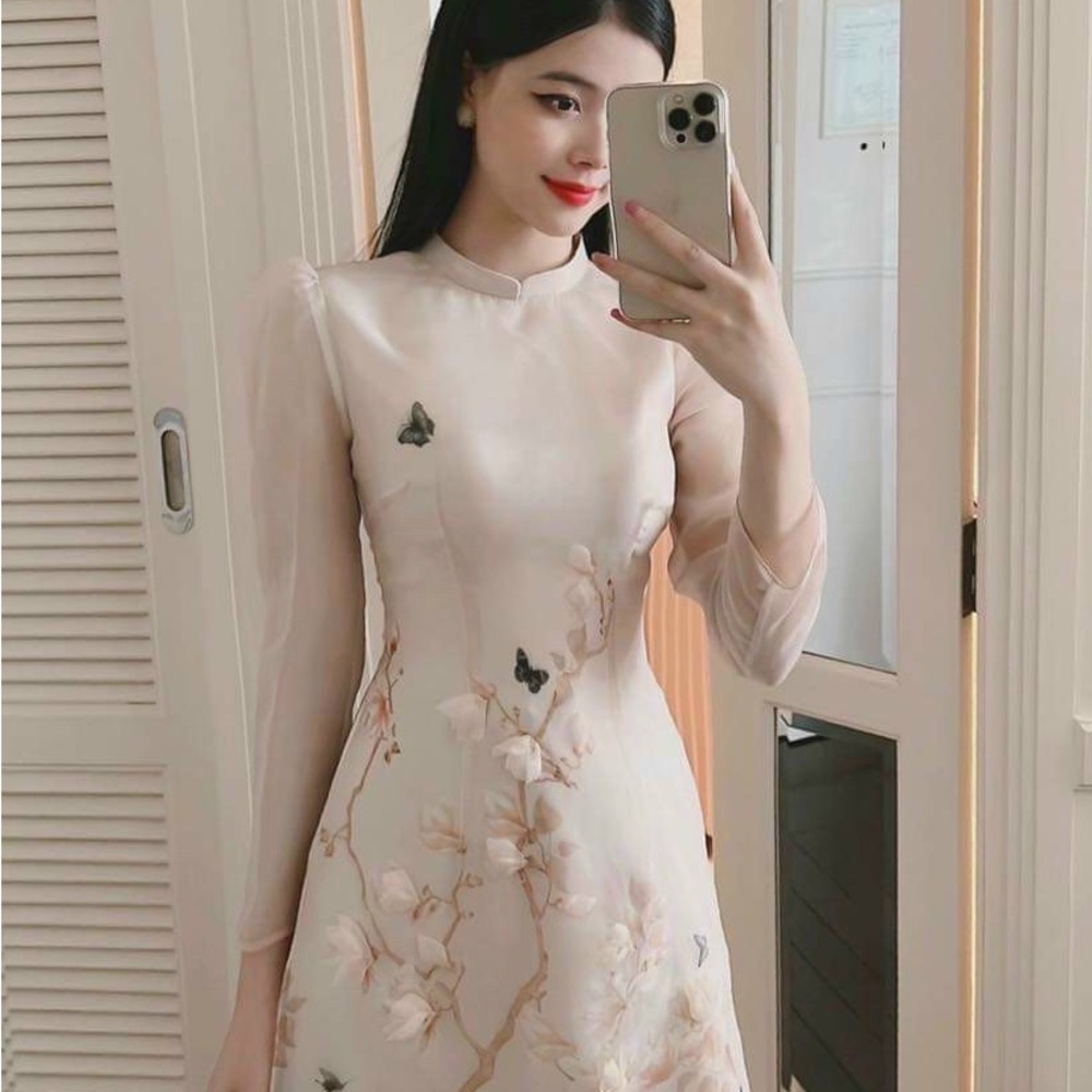 Designed 3D Floral Vietnamese dress Ao Dai Pink -included pants